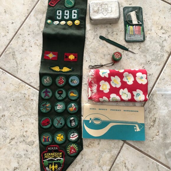Vintage 60s 70s girl scout sash merit badges pins Scarf Songbook Soap Lot Bundle - Picture 1 of 7